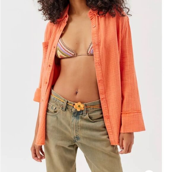 Urban Outfitters Lucy Textured Button-Down Shirt Lg Tangerine NWT - Picture 2 of 6